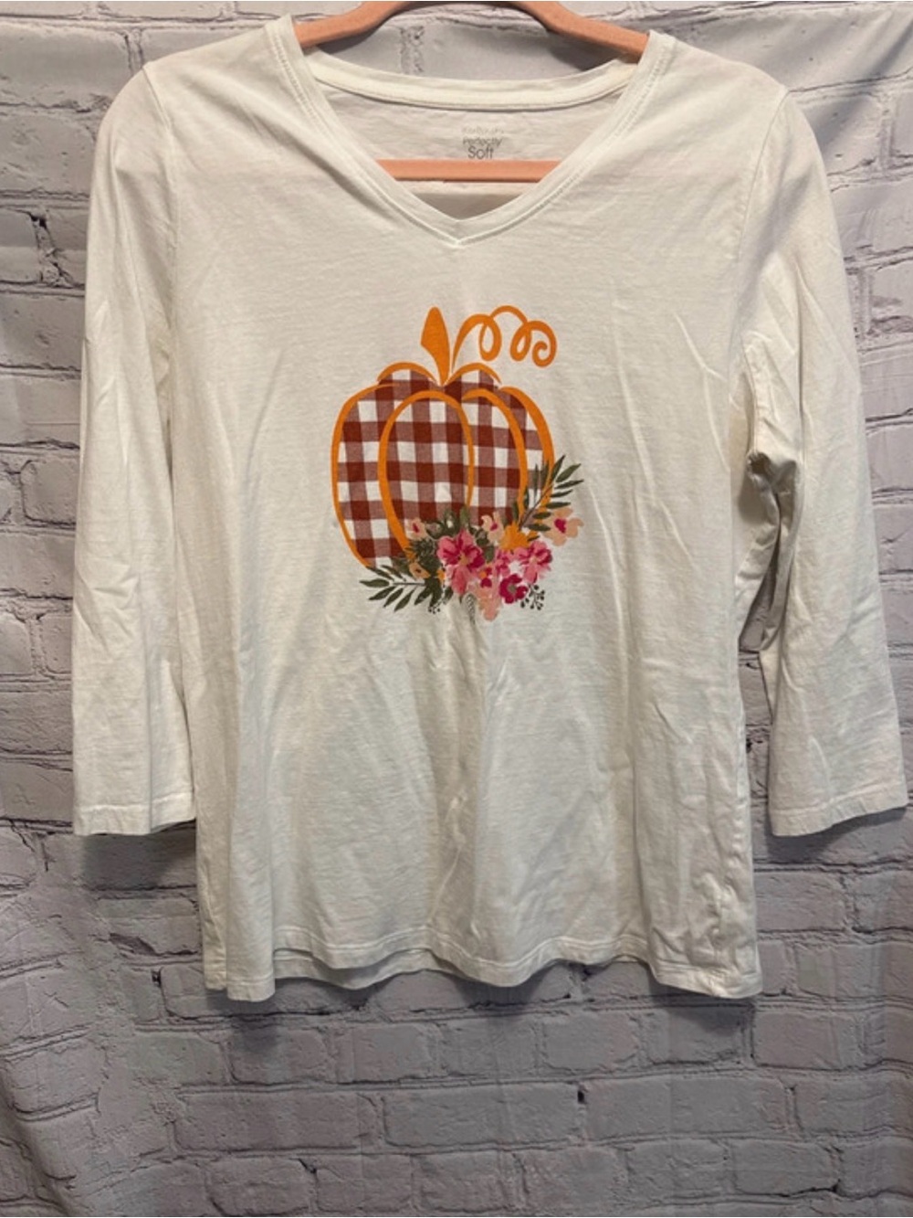 Kim Rogers White V-Neck Long Sleeve Top with Orange Gingham Pumpkin
